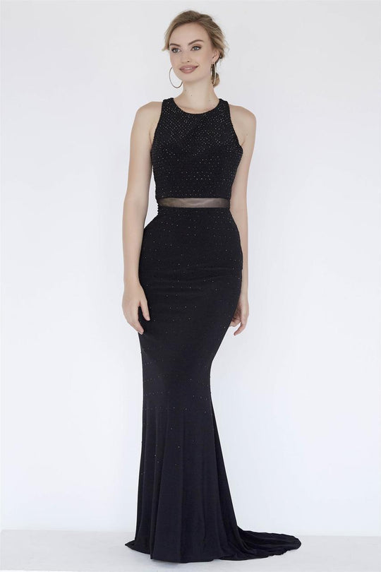 Jolene Collection - 18023 Rhinestone Decked High Jewel Sheath Gown In Black