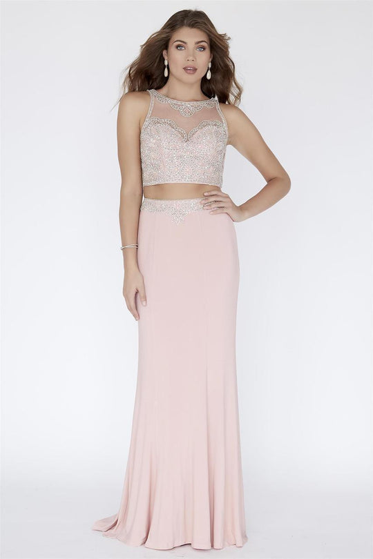 Jolene Collection - 18042 Two Piece Beaded Illusion Halter Dress In Pink