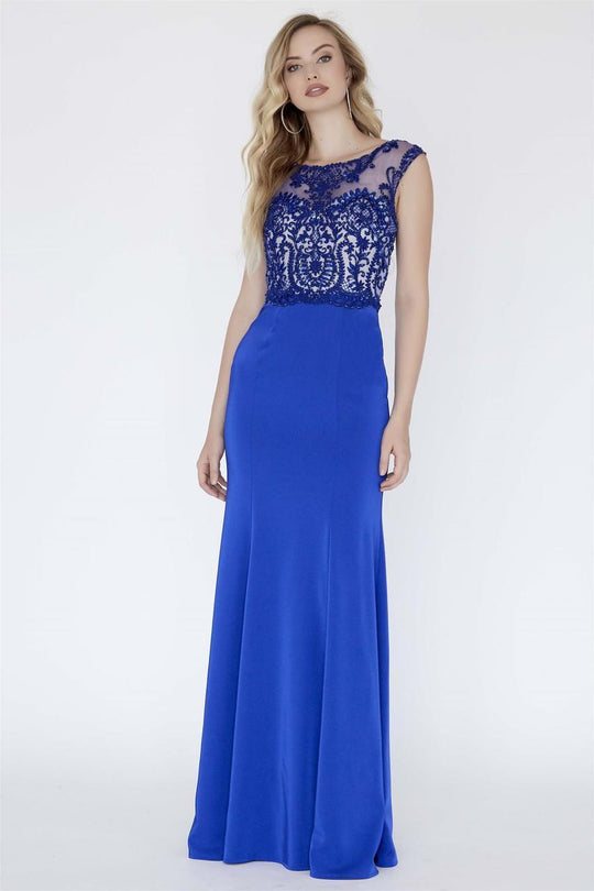 Jolene Collection - 18096 Beaded Lace Illusion Bateau Sheath Dress In Blue and Neutral