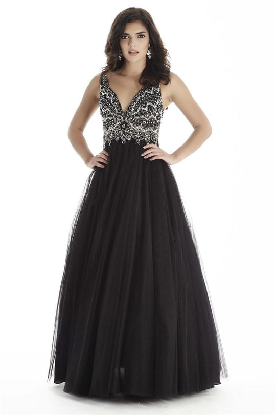 Jolene Collection - 17051 Geo-Beaded Illusion Long Gown In Black and Silver