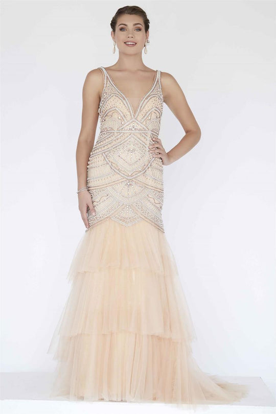 Jolene Collection - 18307 Deep V-neck Beaded Mermaid Gown In Pink and Neutral