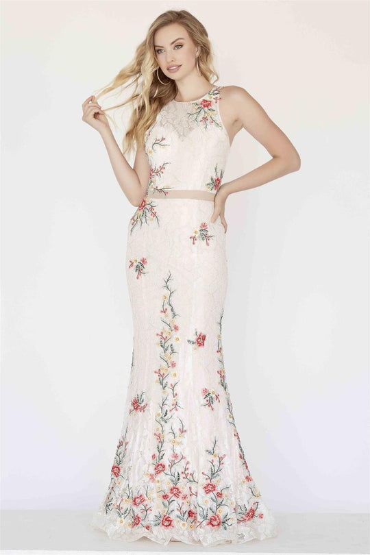 Jolene Collection - 18036 Two Piece Floral Halter Gown In White and Multi-Color