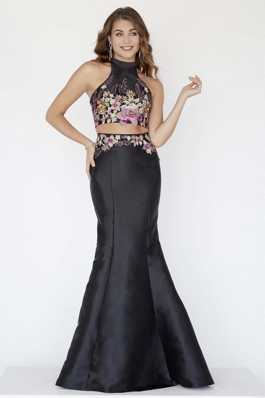 Jolene Collection - 18118 Two Piece Floral Embroidered Mermaid Dress In Black and Multi-Color