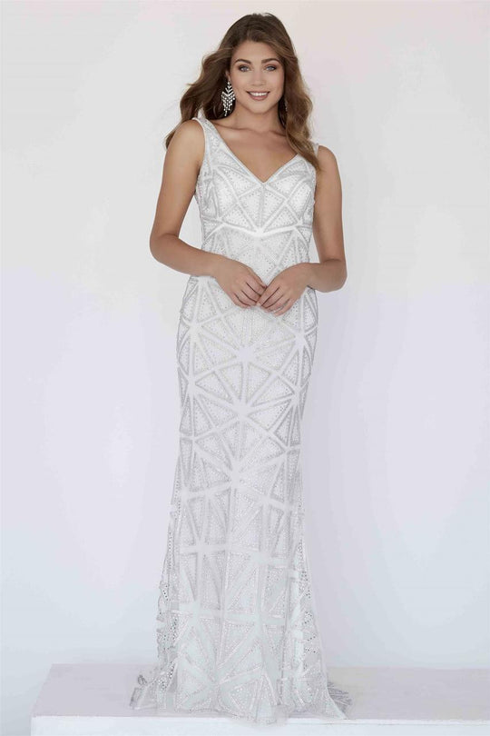 Jolene Collection - 18337 V-neck Shimmering Sheath Gown In White and Multi-Color