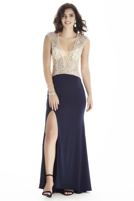 Jolene Collection - 17026 Bejeweled V-neck Dress In Blue and Neutral