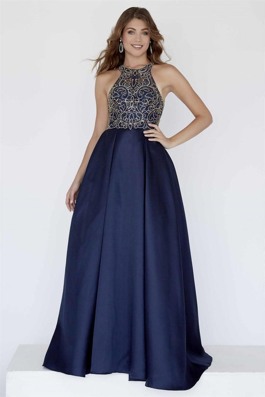 Jolene Collection - 18052L Beaded Illusion Halter Mikado A-lien Dress In Blue