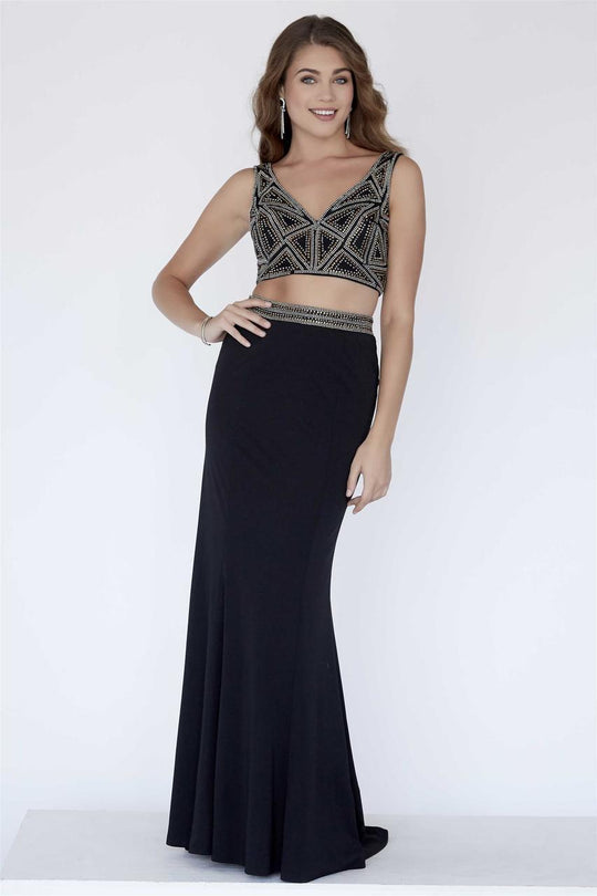 Jolene Collection - 18040 Beaded Two Piece V-neck Sheath Dress In Black and Multi-Color