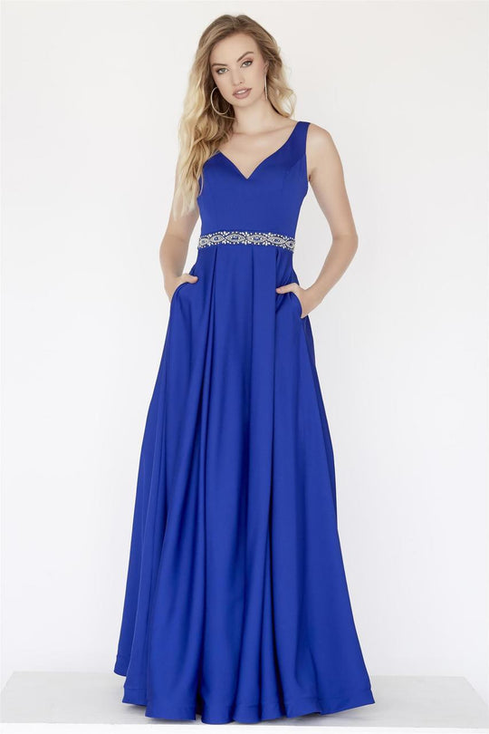 Jolene Collection - 18035 Fitted V-Neck Pleated A-Line Gown In Blue