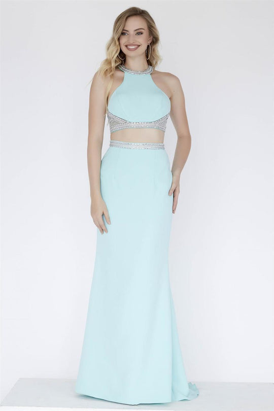 Jolene Collection - 18001 Crystal Ornate High Halter Two-Piece Gown In Blue