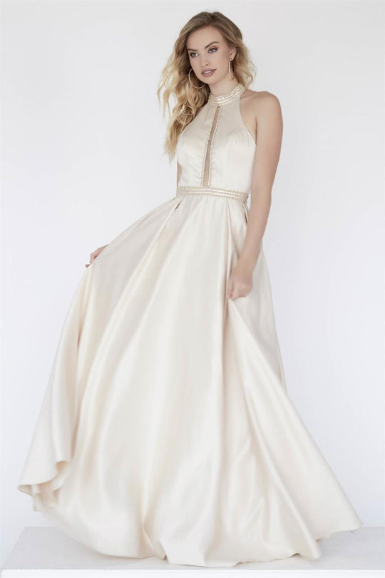 Jolene Collection - 18044 Beaded High Halter Satin A-line Dress In Neutral