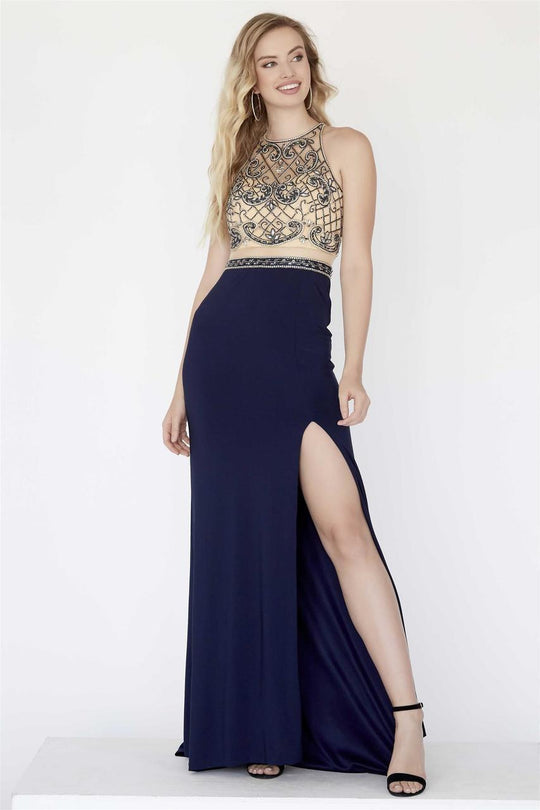 Jolene Collection - 18039 Beaded Illusion Halter Jersey Sheath Dress In Blue and Neutral