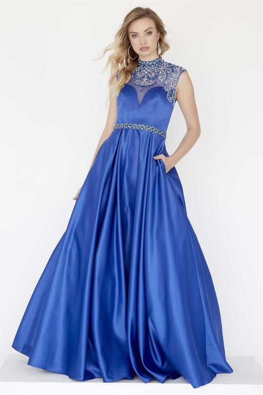 Jolene Collection - 18016 Crystal Embellished High Neck Evening Gown In Blue