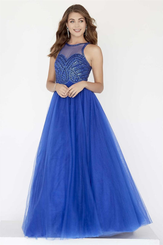 Jolene Collection - 18050 Beaded Illusion Halter Tulle Gown In Blue