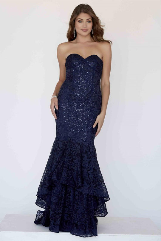 Jolene Collection - 18017L Sequined Strapless Lace Mermaid Dress In Blue