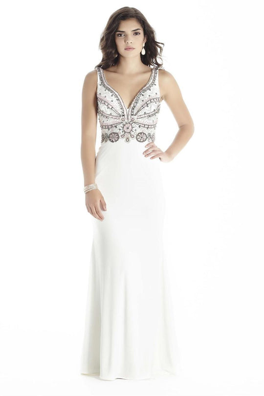 Jolene Collection - 17024 Bejeweled Plunging V-Neck Gown In White and Pink