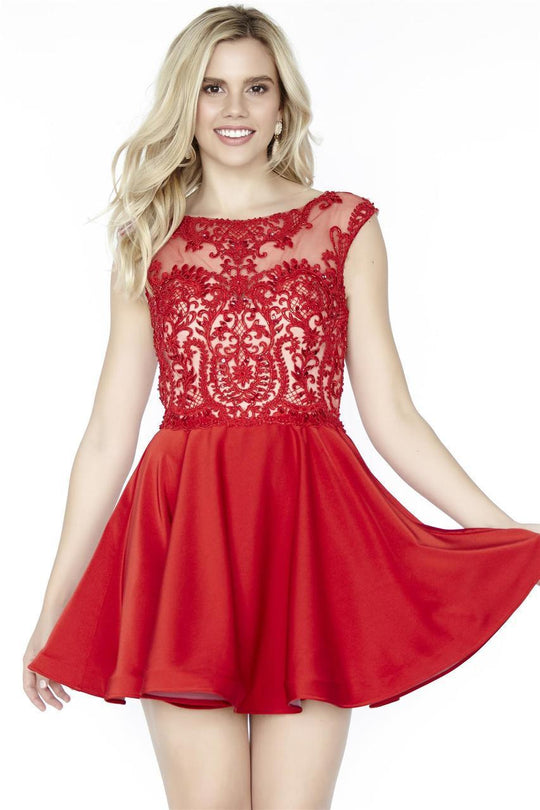 Jolene Collection - 17509 Beaded Sheer Chiffon Cocktail Dress In Red and Neutral