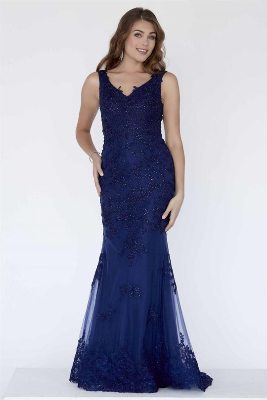 Jolene Collection - 18108 Beaded Lace V-neck Dress In Blue
