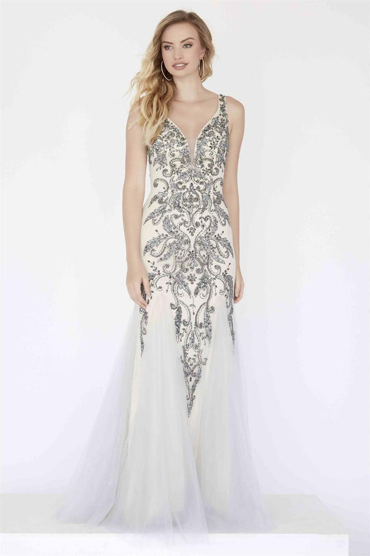 Jolene Collection - 18335 Deep V-neck Embellished Mermaid Gown In Silver and Neutral