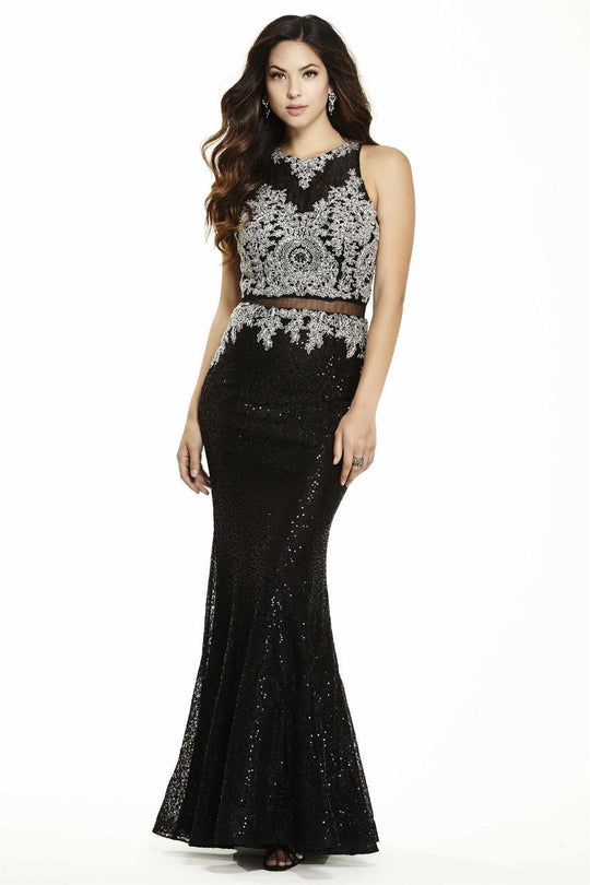 Jolene Collection - 17006 Lace Halter Sheath Dress In Black and Silver
