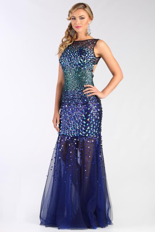 Jolene Collection - Beaded Illusion Bateau Dress in Blue