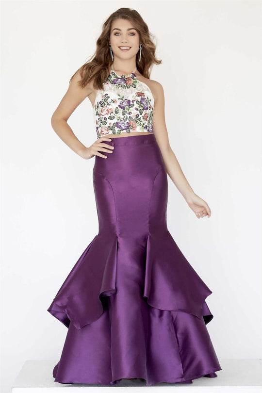 Jolene Collection - 18079 Two Piece Floral Lace Ruffled Mermaid Dress In Purple and Multi-Color