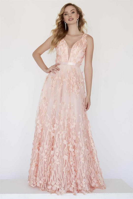 Jolene Collection - 18326 Deep V-neck Floral A-line Gown In Pink