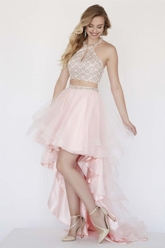 Jolene Collection - 18327 Halter Neck Two-Piece High Low Gown\ In Pink