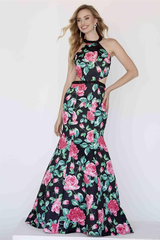 Jolene Collection - 18104 Beaded Halter Floral Printed Mermaid Dress In Black and Multi-Color
