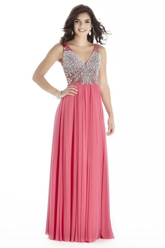 Jolene Collection - 17028 Crystal Flourished V-Neck Gown In Pink