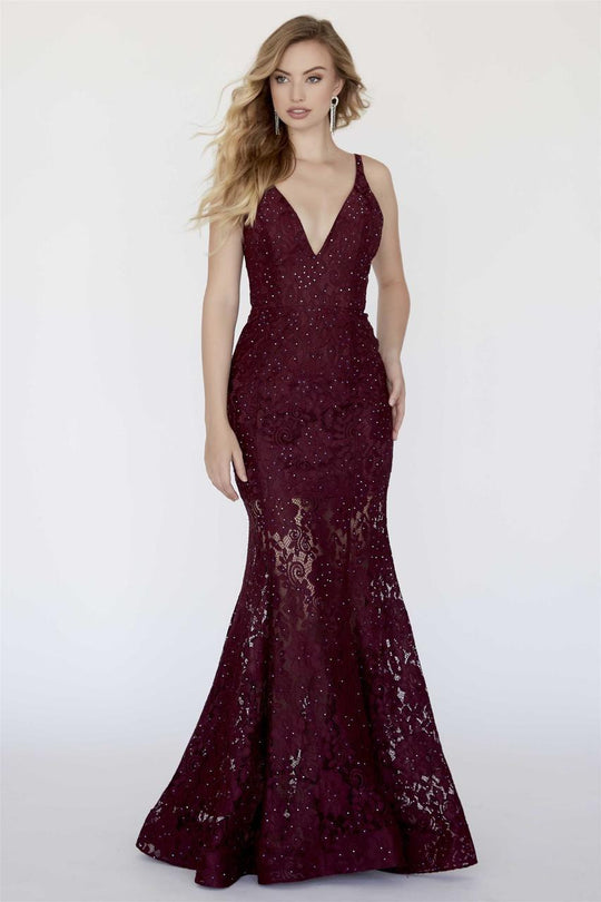 Jolene Collection - 18093L Beaded V-Neck Lace Mermaid Dress In Red