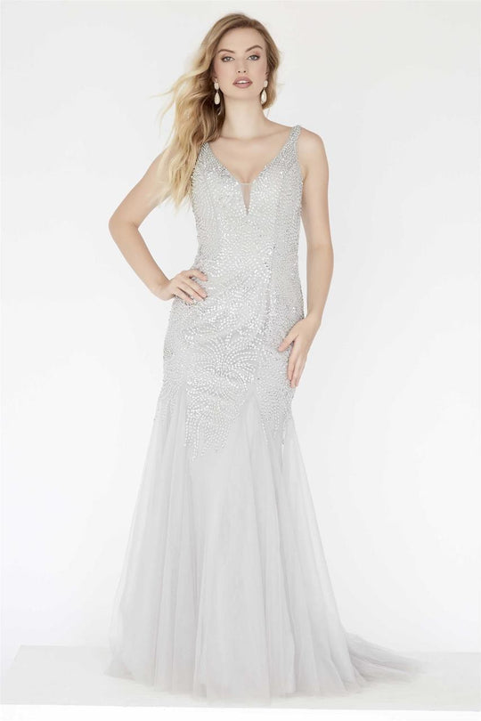 Jolene Collection - 18065 Beaded Deep V-neck Tulle Sheath Dress In Gray and Silver