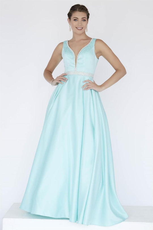 Jolene Collection - 18043 Beaded Deep V-neck Satin A-line Dress In Blue and Green