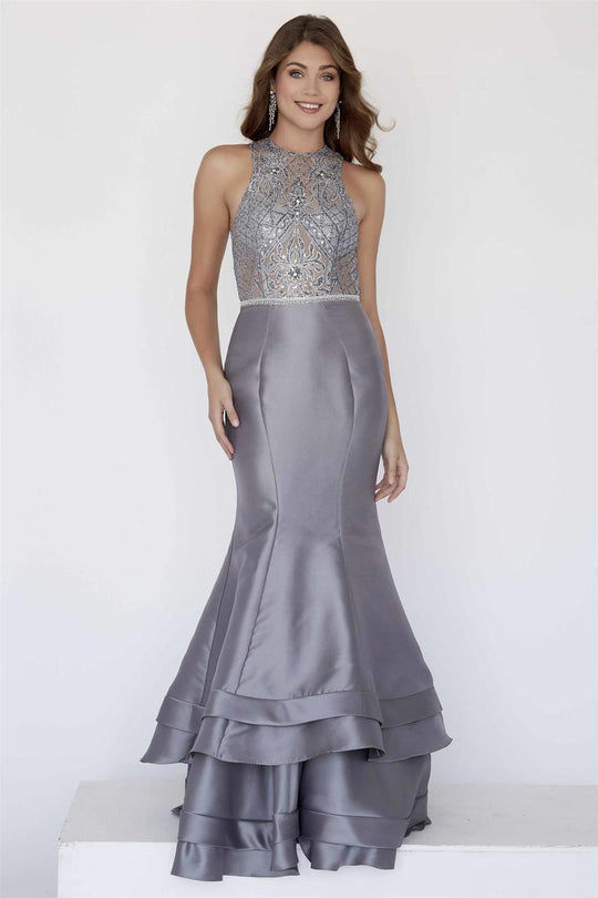 Jolene Collection - 18021 Beaded Fitted Layered Mermaid Gown In Gray
