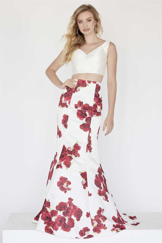 Jolene Collection - 18112 Two Piece Satin Floral Print Mermaid Dress In White and Multi-Color