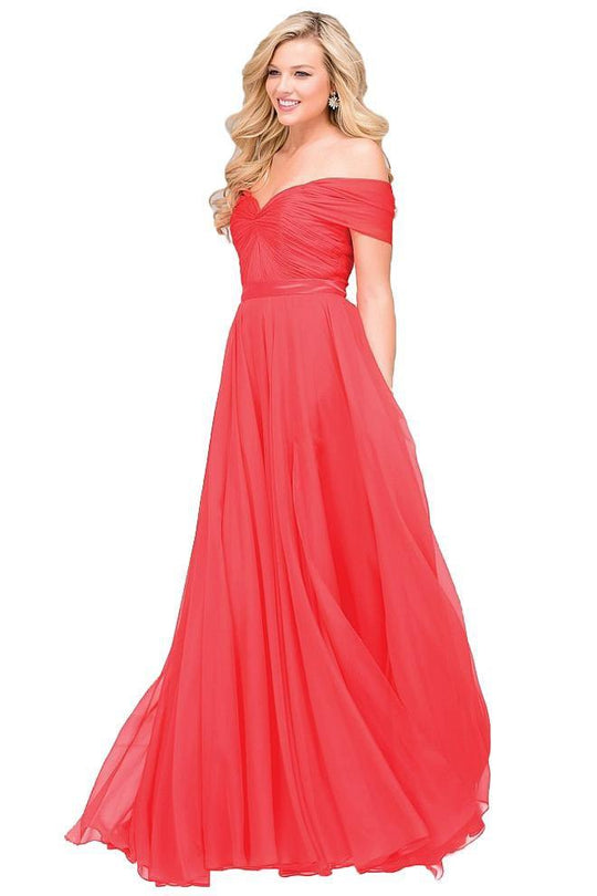 Jovani - Off Shoulder Ruched Long Dress in Navy 42003  in Red