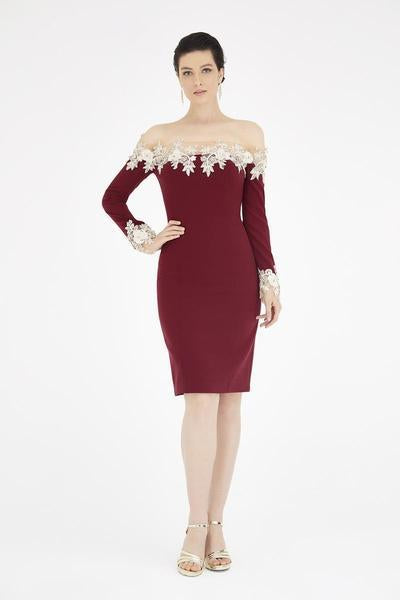 Saboroma - 4205 Floral Lace Off-Shoulder Sheath Dress In Red