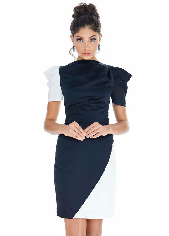 Ashley Lauren - 4207 Color Block Satin Short Dress In Black and White