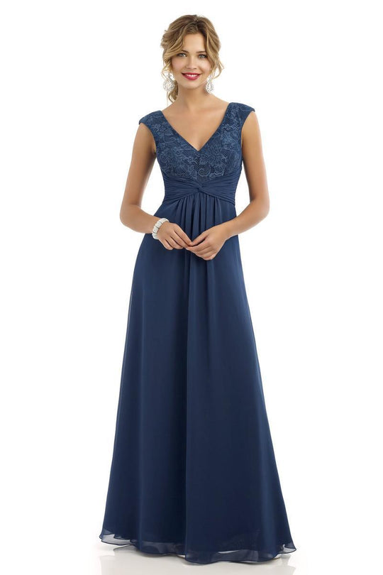 Alexia Designs - 4210 Lace V-neck Ruched Chiffon A-line Dress In Blue