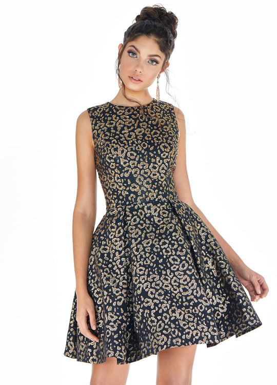 Ashley Lauren - 4210 Jewel Neck Leopard Print A-line Dress In Black and Gold