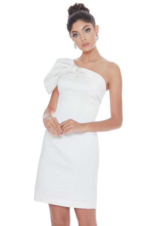 Ashley Lauren - 4212 One Shoulder Column Short Dress with Bow In White