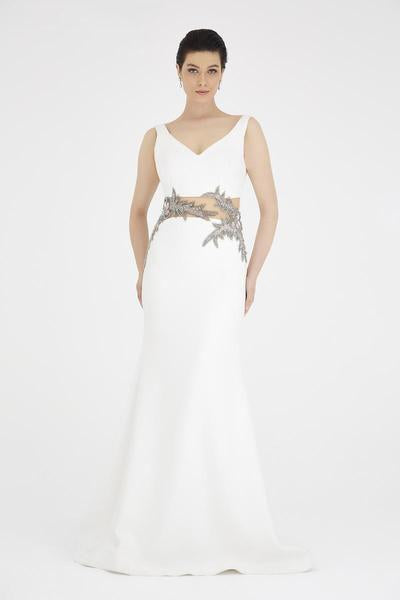 Saboroma - 4213 Appliqued Illusion Midriff Trumpet Gown In White