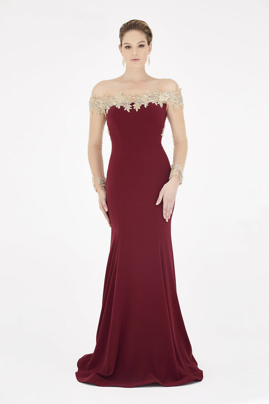 Saboroma - 4216 Floral Applique Sheer Back Off Shoulder Mermaid Gown In Red