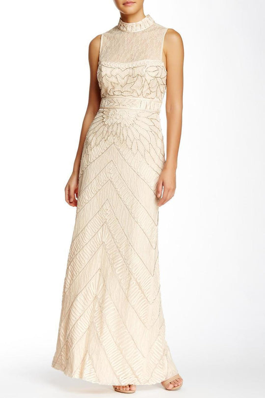 Sue Wong - Illusion High Neck Beaded Chevron Gown in Neutral