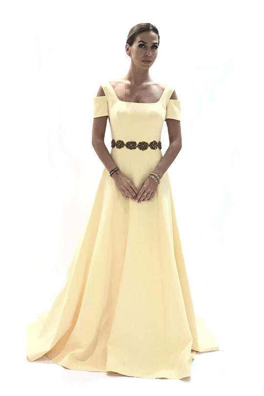 Saboroma - 4221 Cold Shoulder A-Line Evening Dress In Neutral