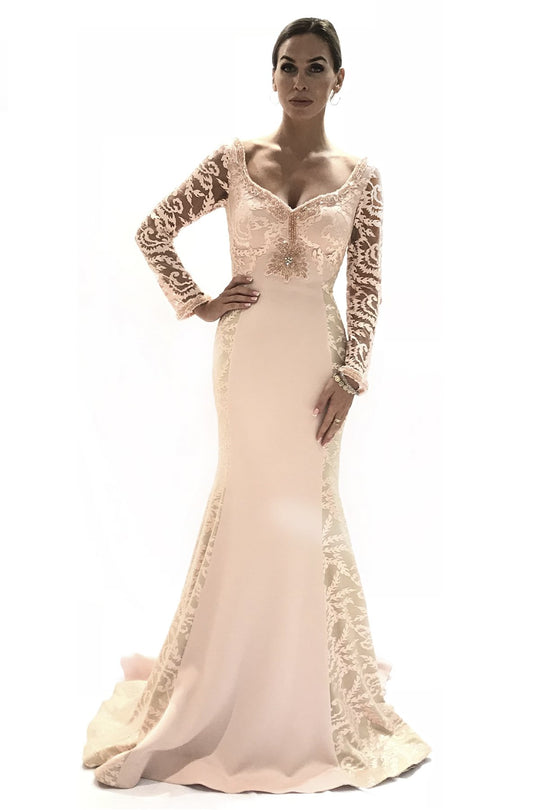 Saboroma - 4222 Long Sleeve Illusion Lace Paneled Gown In Pink