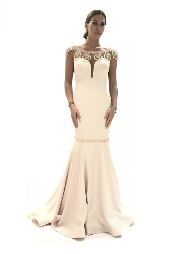 Saboroma - 4223 Beaded Bateau Mermaid Dress In Neutral