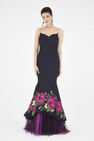 Saboroma - 4224 Beaded Floral Print Mermaid Gown In Black