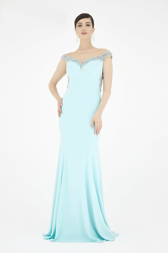 Saboroma - 4229 Jewel Beaded Illusion Neckline Mermaid Gown In Blue and Green