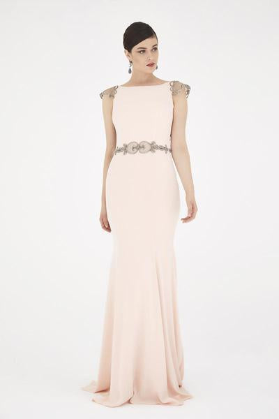 Saboroma - 4238 Sheer Lace Cap Sleeve Long Sheath Gown In Pink