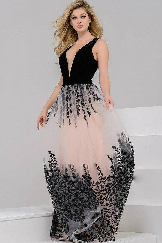 Plunging Long Dress with Floral Skirt 42420